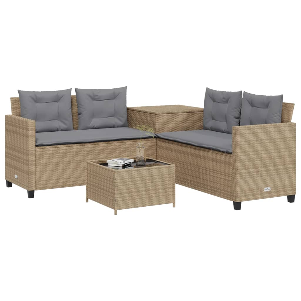 Divano da Giardino con Tavolo e Cuscini a L Beige in Polyrattan | homemem39
