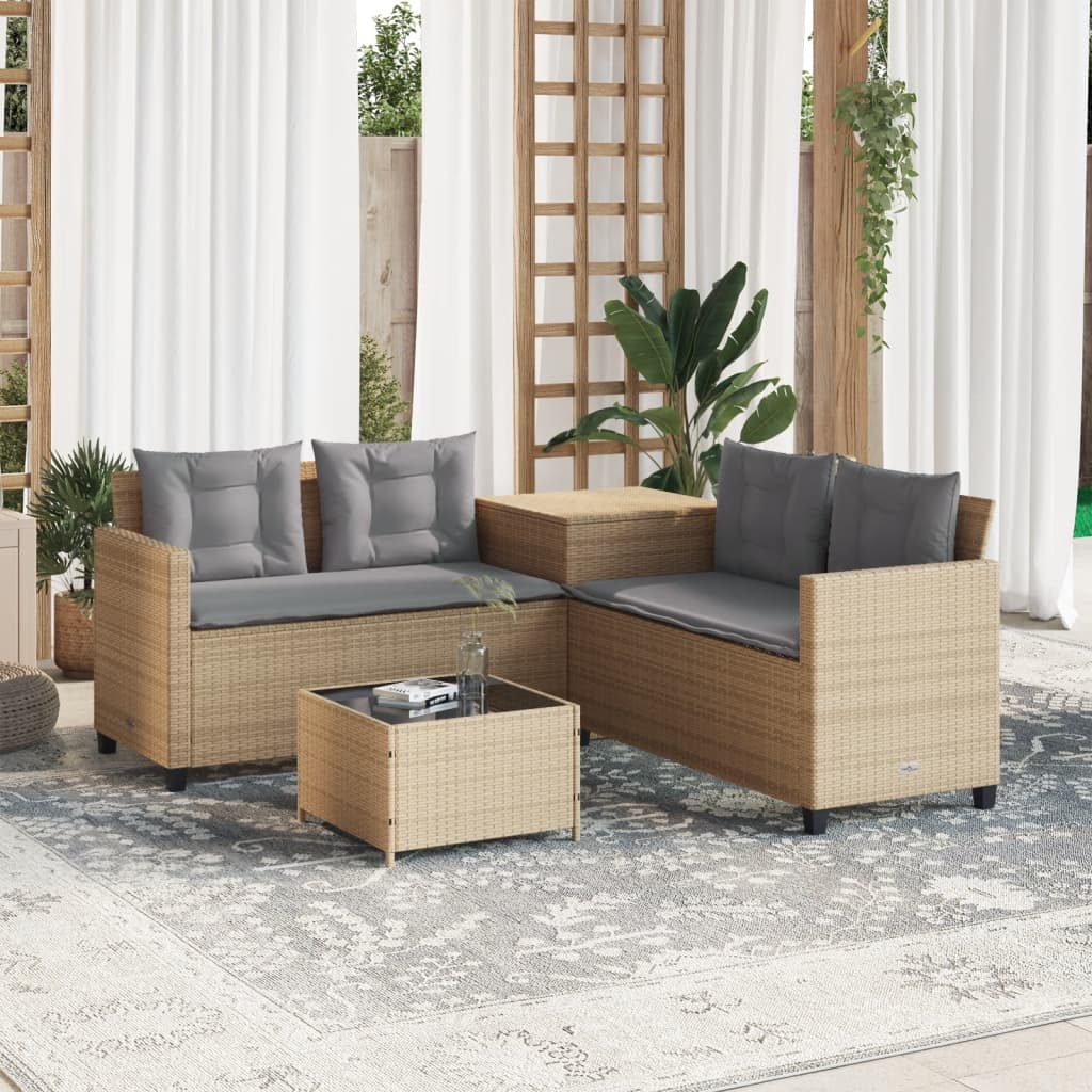 Divano da Giardino con Tavolo e Cuscini a L Beige in Polyrattan | homemem39