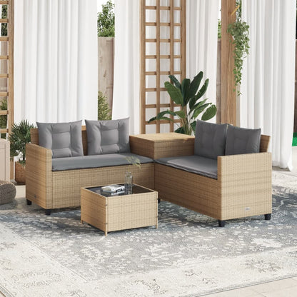 Divano da Giardino con Tavolo e Cuscini a L Beige in Polyrattan | homemem39