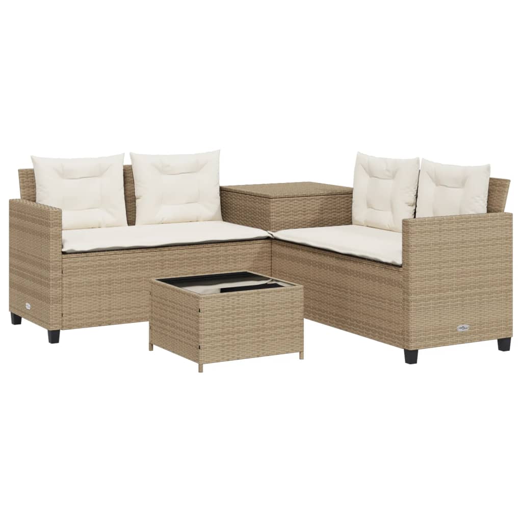 Divano da Giardino con Tavolo e Cuscini a L Beige in Polyrattan - homemem39