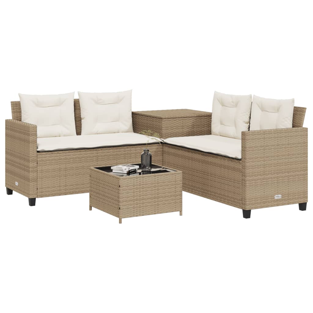 Divano da Giardino con Tavolo e Cuscini a L Beige in Polyrattan - homemem39