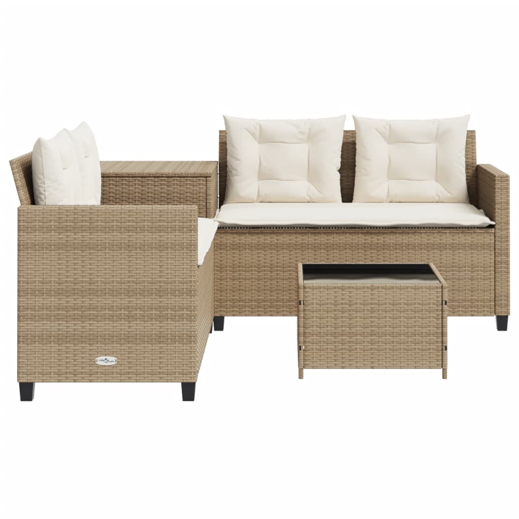 Divano da Giardino con Tavolo e Cuscini a L Beige in Polyrattan - homemem39