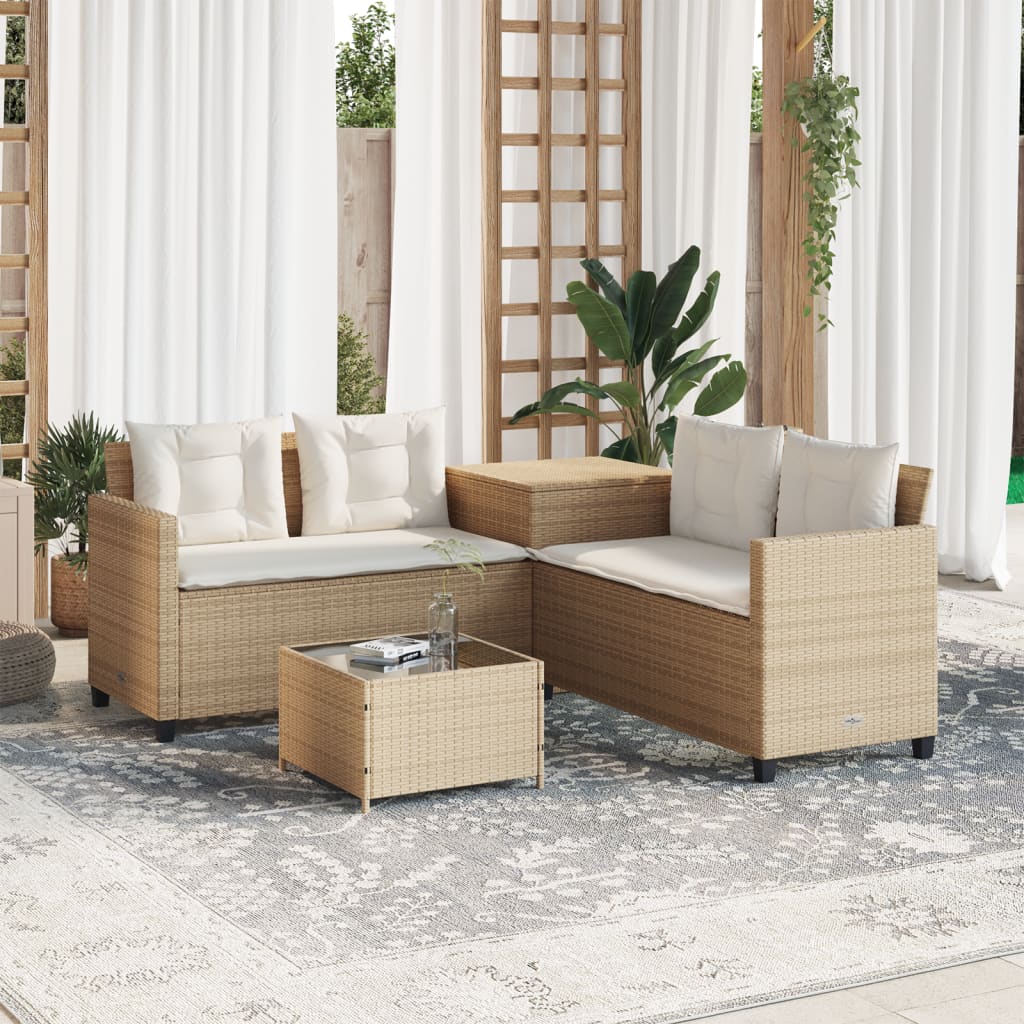 Divano da Giardino con Tavolo e Cuscini a L Beige in Polyrattan - homemem39