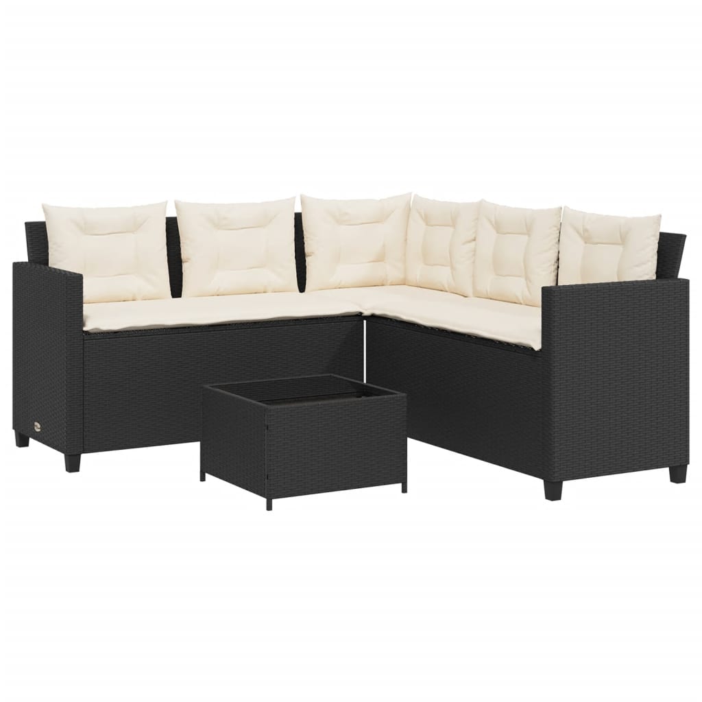 Divano da Giardino con Tavolo e Cuscini a L Nero in Polyrattan | homemem39