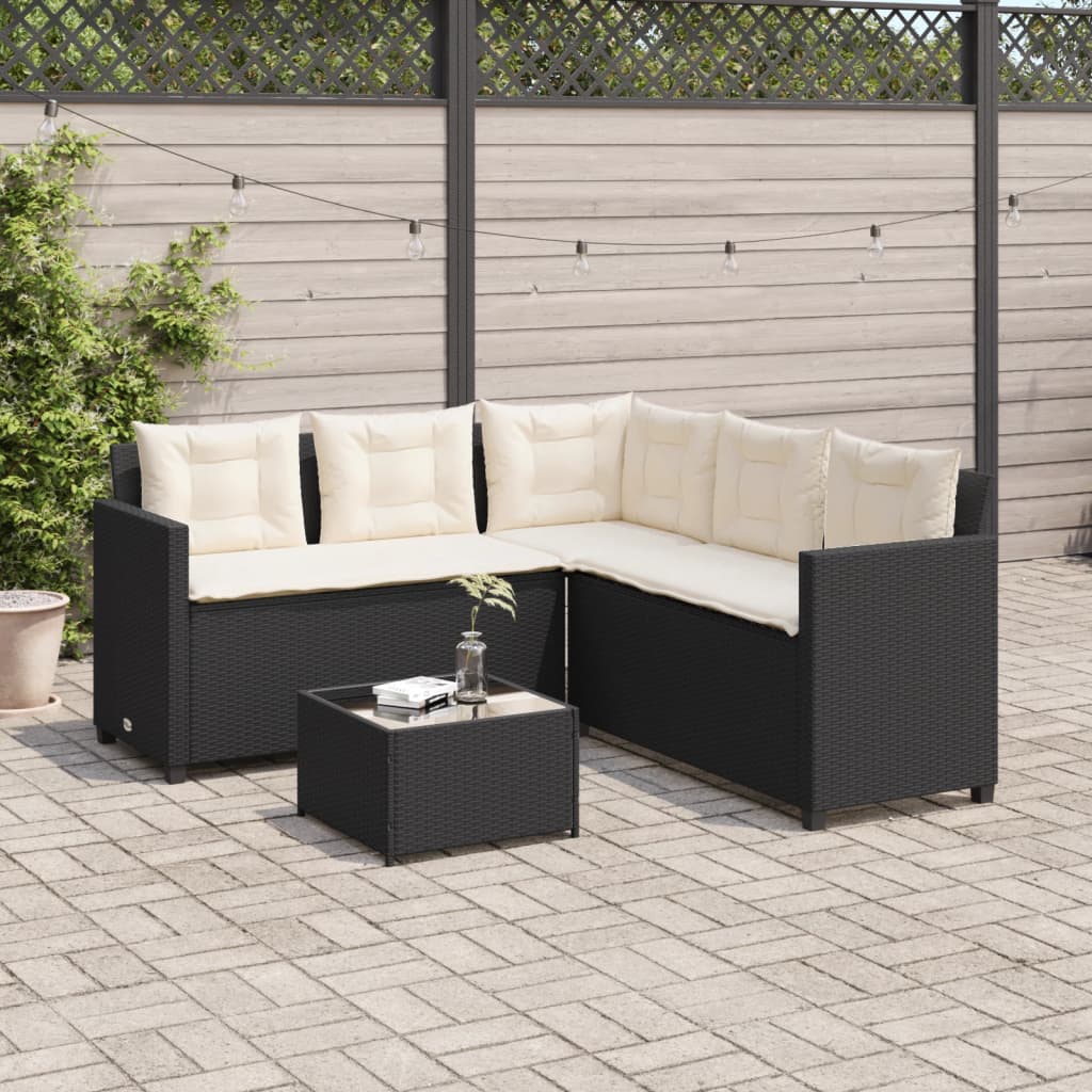 Divano da Giardino con Tavolo e Cuscini a L Nero in Polyrattan | homemem39