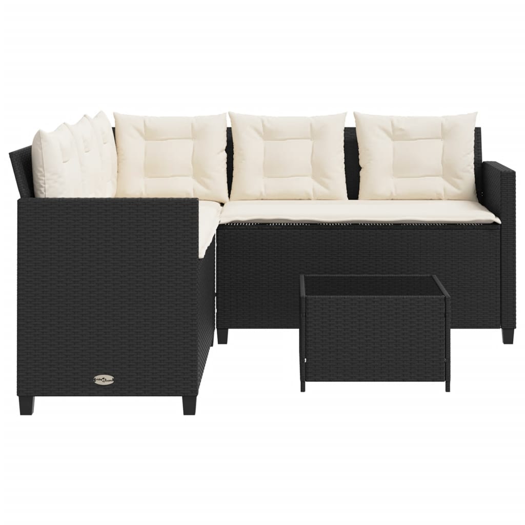 Divano da Giardino con Tavolo e Cuscini a L Nero in Polyrattan | homemem39