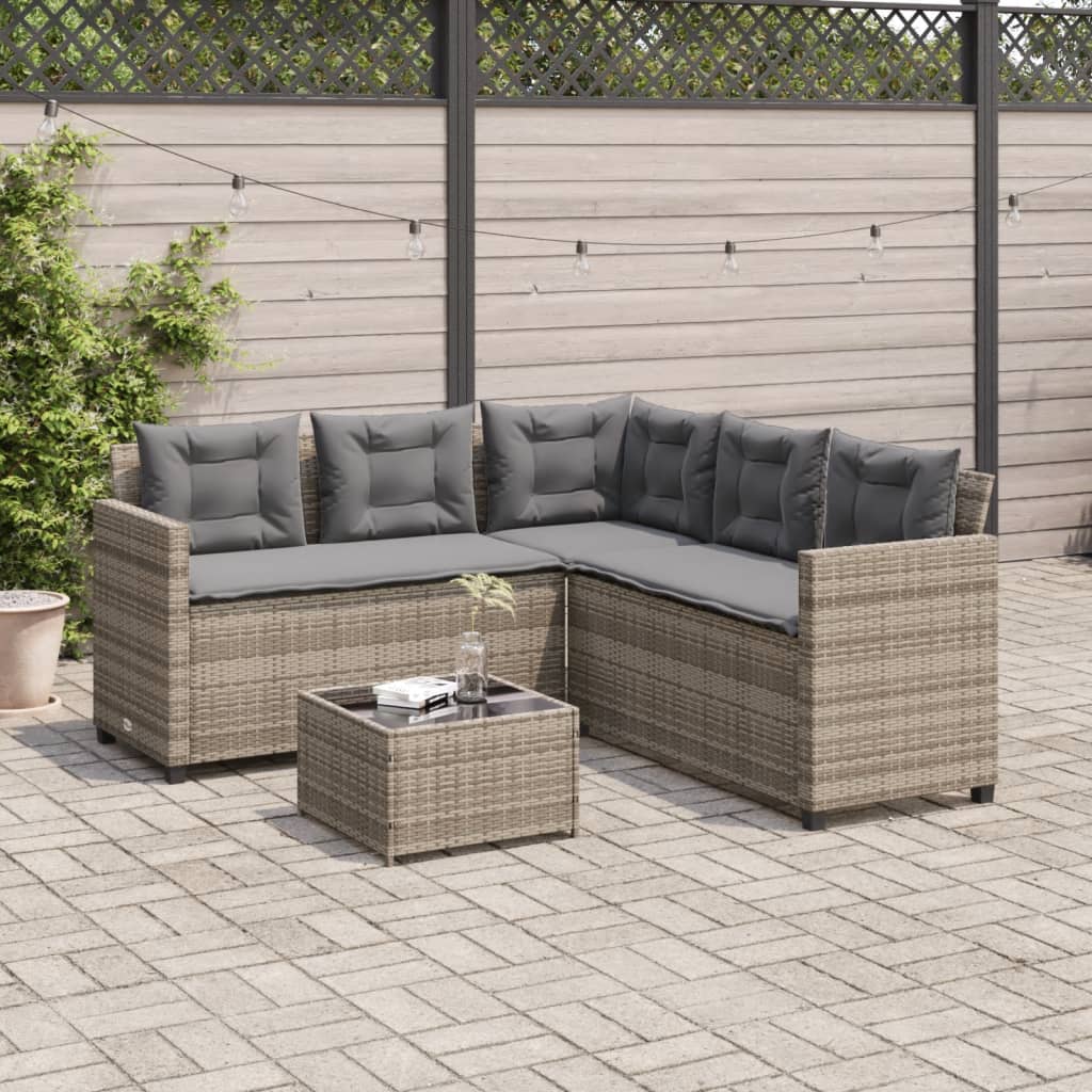 Divano da Giardino con Tavolo e Cuscini a L Grigio Polyrattan - homemem39