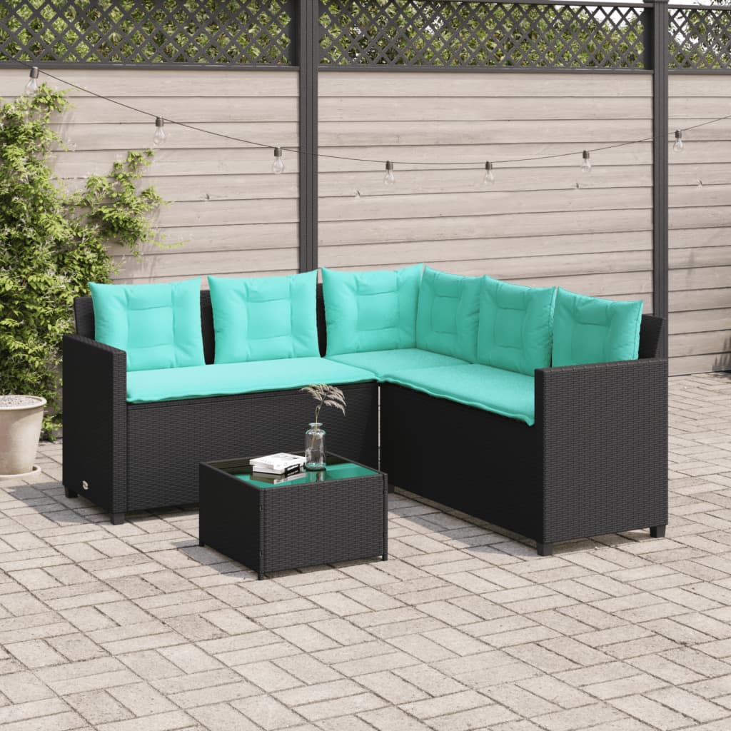 Divano da giardino con Tavolino e cuscini a forma di L in Polyrattan Nero | homemem39