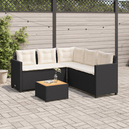 Divano da Giardino con Tavolo e Cuscini a L Nero in Polyrattan | homemem39