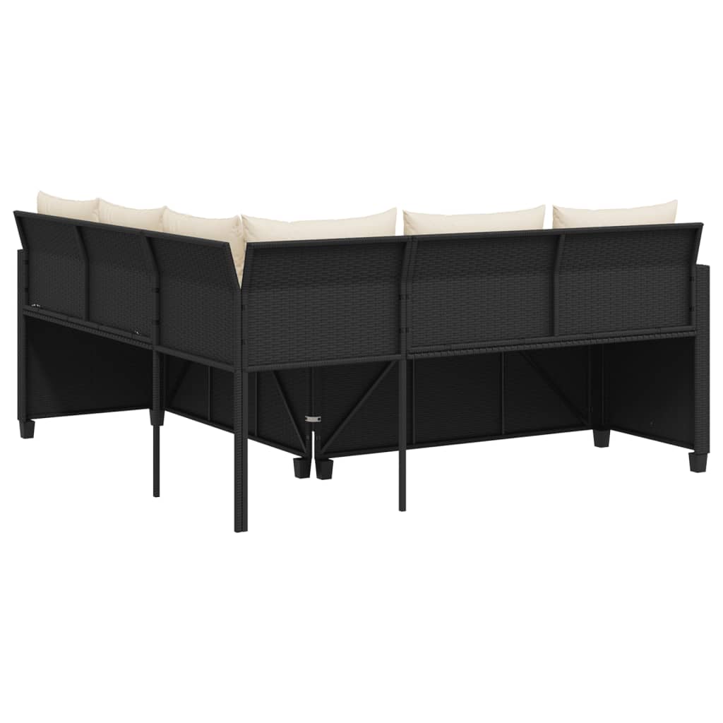 Divano da Giardino con Tavolo e Cuscini a L Nero in Polyrattan | homemem39