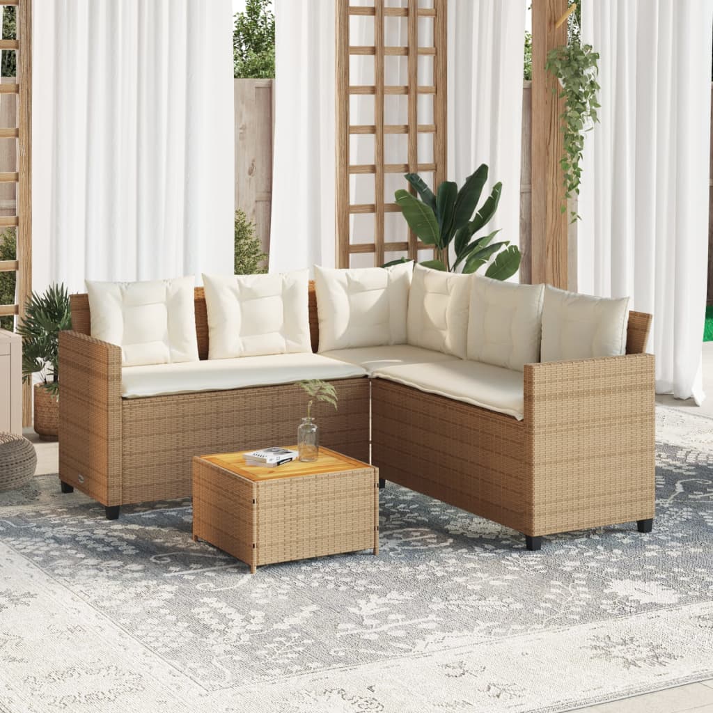Divano da Giardino con Tavolo e Cuscini a L Beige in Polyrattan - homemem39