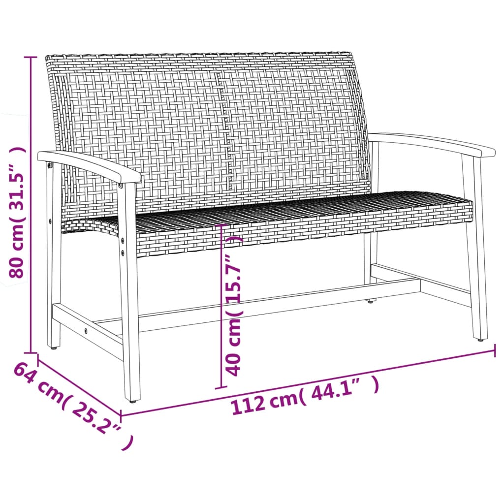 Panca da Giardino Nera 112 cm in Polyrattan e Legno di Acacia - homemem39