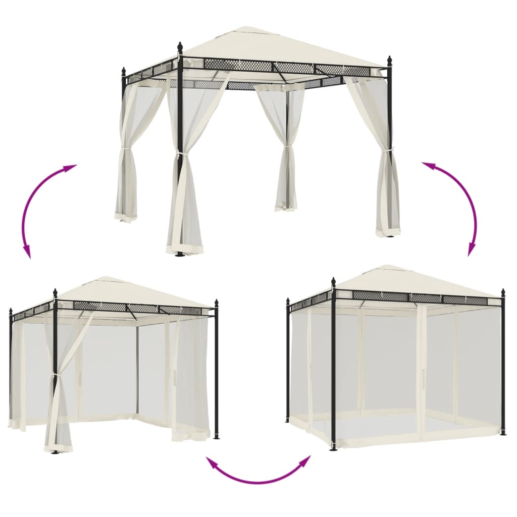Gazebo con Pareti in Rete Crema 2,93x2,93 m in Acciaio | homemem39