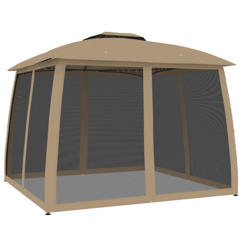 Gazebo con Tetto Doppio/Pareti Rete Tortora 2,93x2,93 m Acciaio