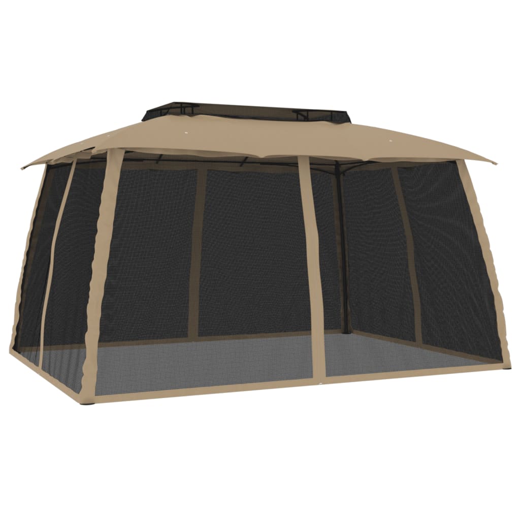 Gazebo con Tetto Doppio/Pareti Rete Tortora 3,93x2,93 m Acciaio | homemem39
