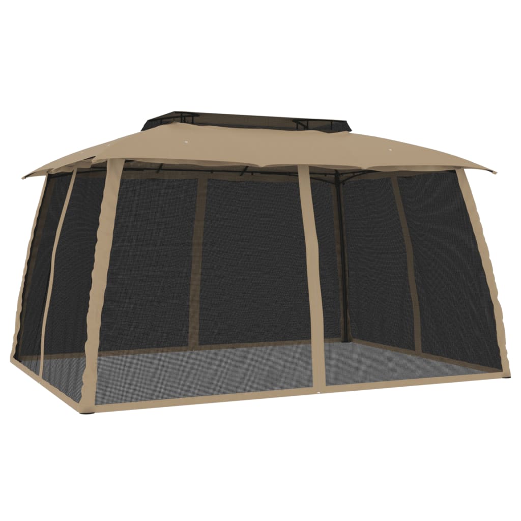 Gazebo con Tetto Doppio/Pareti Rete Tortora 3,93x2,93 m Acciaio | homemem39