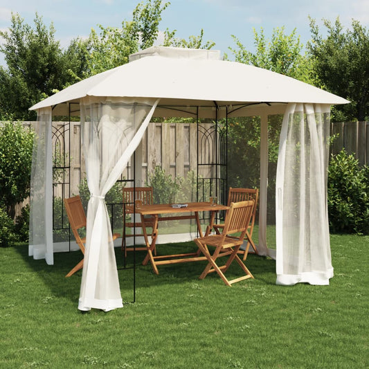 Gazebo con Tetto Doppio e Pareti Rete Crema 2,94x2,94 m Acciaio