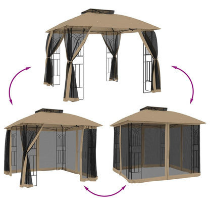 Gazebo con Tetto Doppio/Pareti Rete Tortora 2,94x2,94 m Acciaio | homemem39