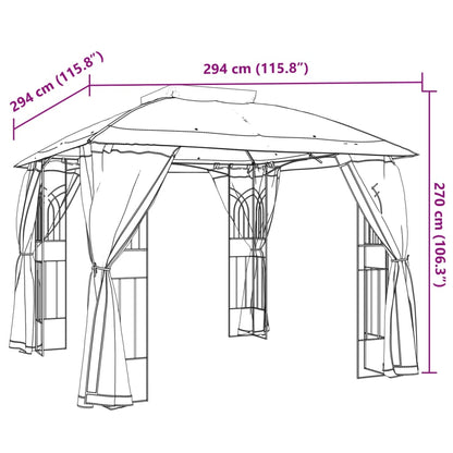 Gazebo con Tetto Doppio/Pareti Rete Tortora 2,94x2,94 m Acciaio | homemem39