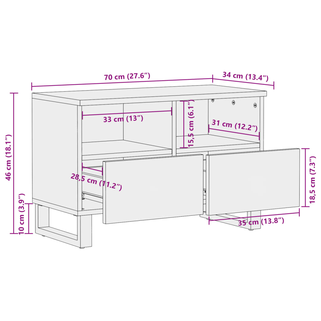 Mobile Porta TV 70x34x46 cm in Legno Massello di Acacia - homemem39