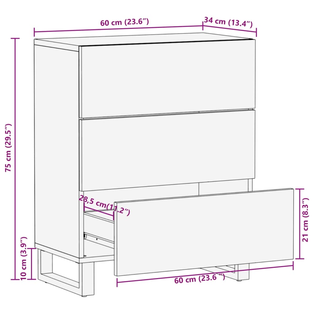Credenza 60x34x75 cm in Legno Massello di Mango Grezzo | homemem39