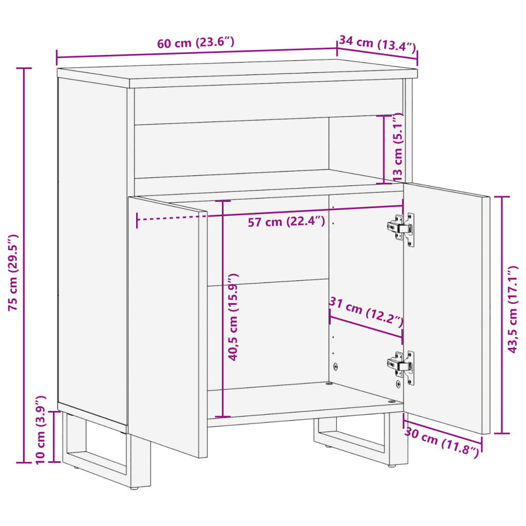 Credenza Marrone 60x34x75 cm in Legno Massello di Mango | homemem39
