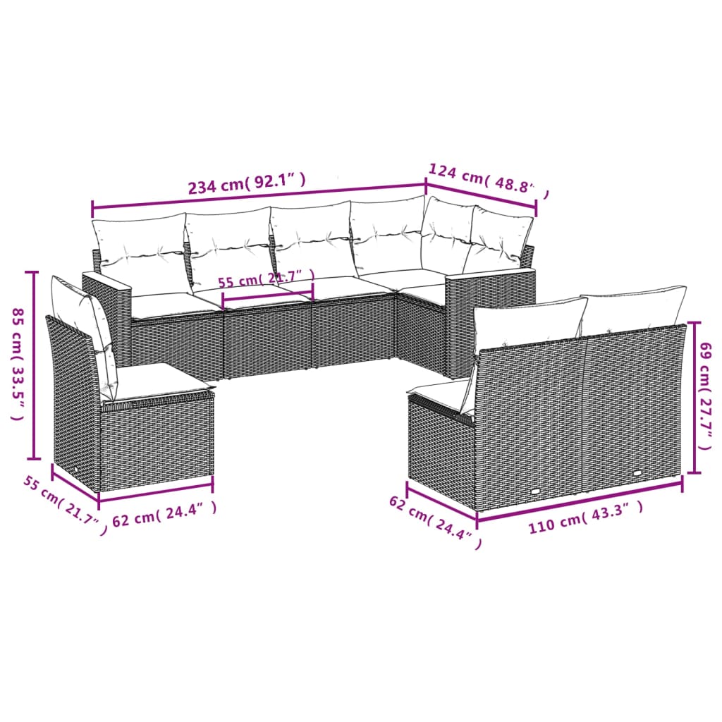 Set Divani da Giardino con Cuscini 8 pz Nero in Polyrattan - homemem39