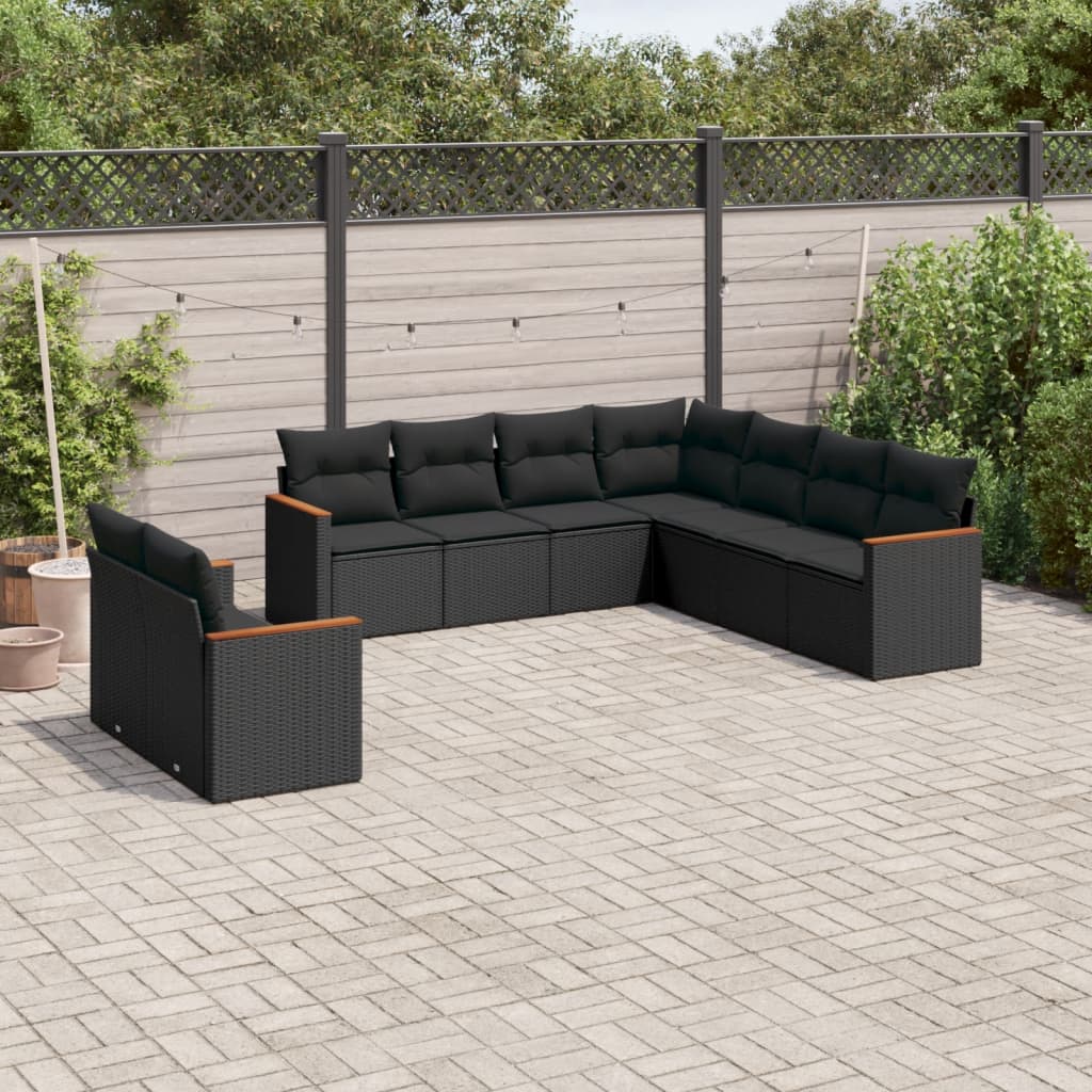Set Divani da Giardino 9 pz con Cuscini Nero in Polyrattan - homemem39