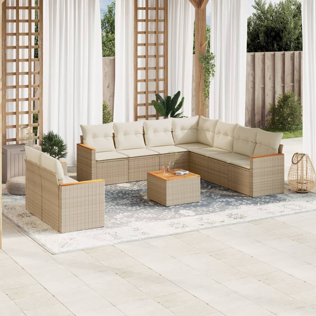 Set Divano da Giardino 10 pz con Cuscini Beige in Polyrattan - homemem39