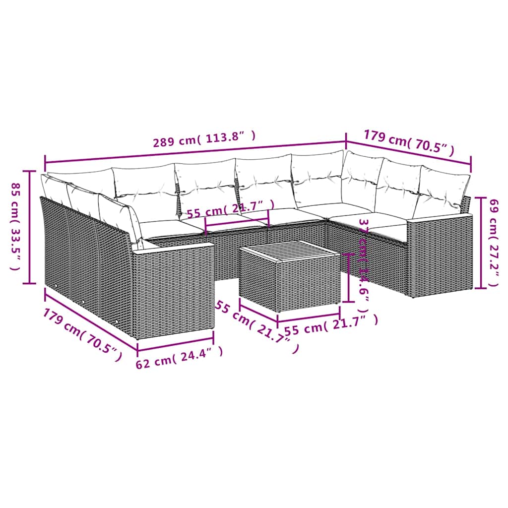 Set Divani da Giardino 10pz con Cuscini in Polyrattan Nero | homemem39