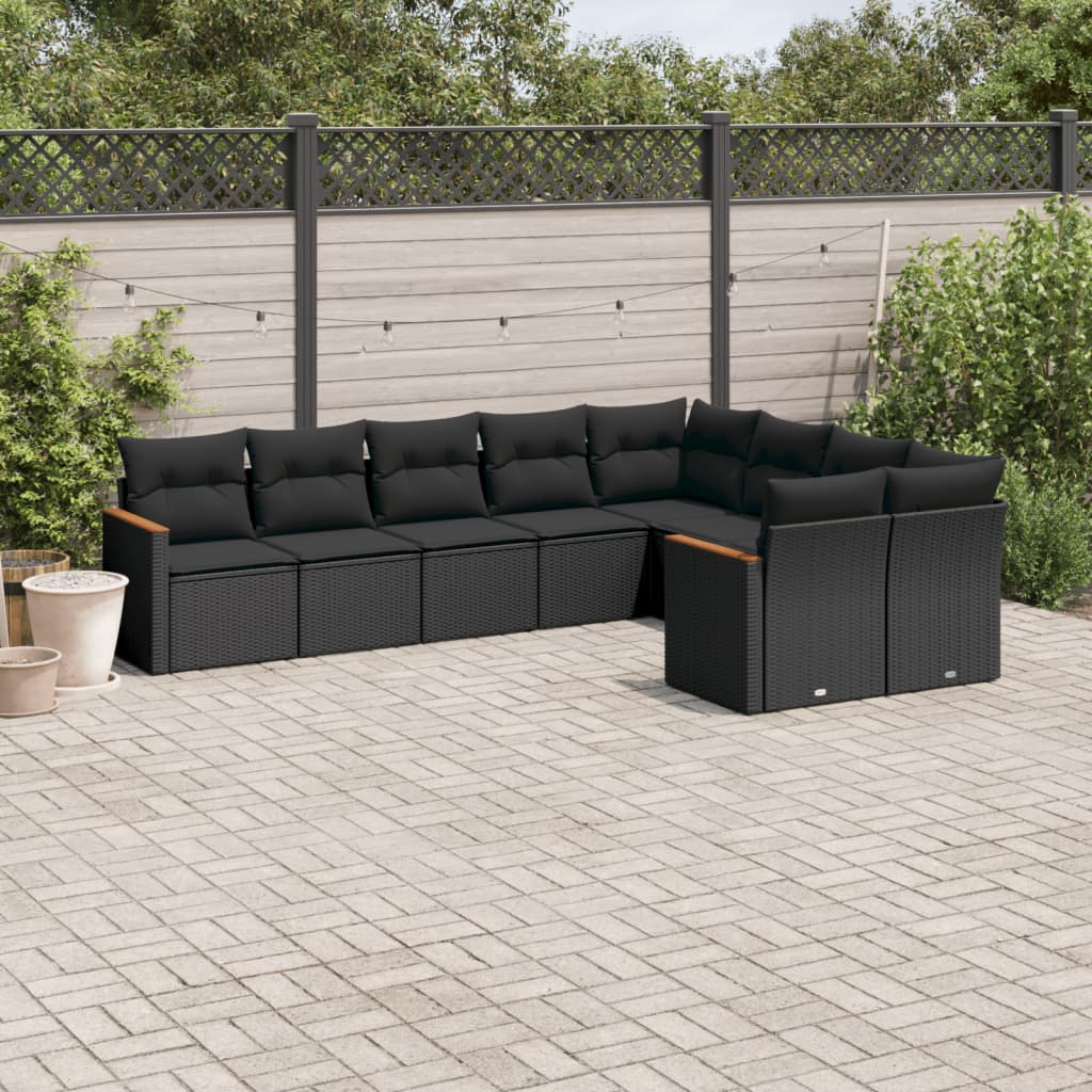 Set Divani da Giardino 9 pz con Cuscini Nero in Polyrattan - homemem39