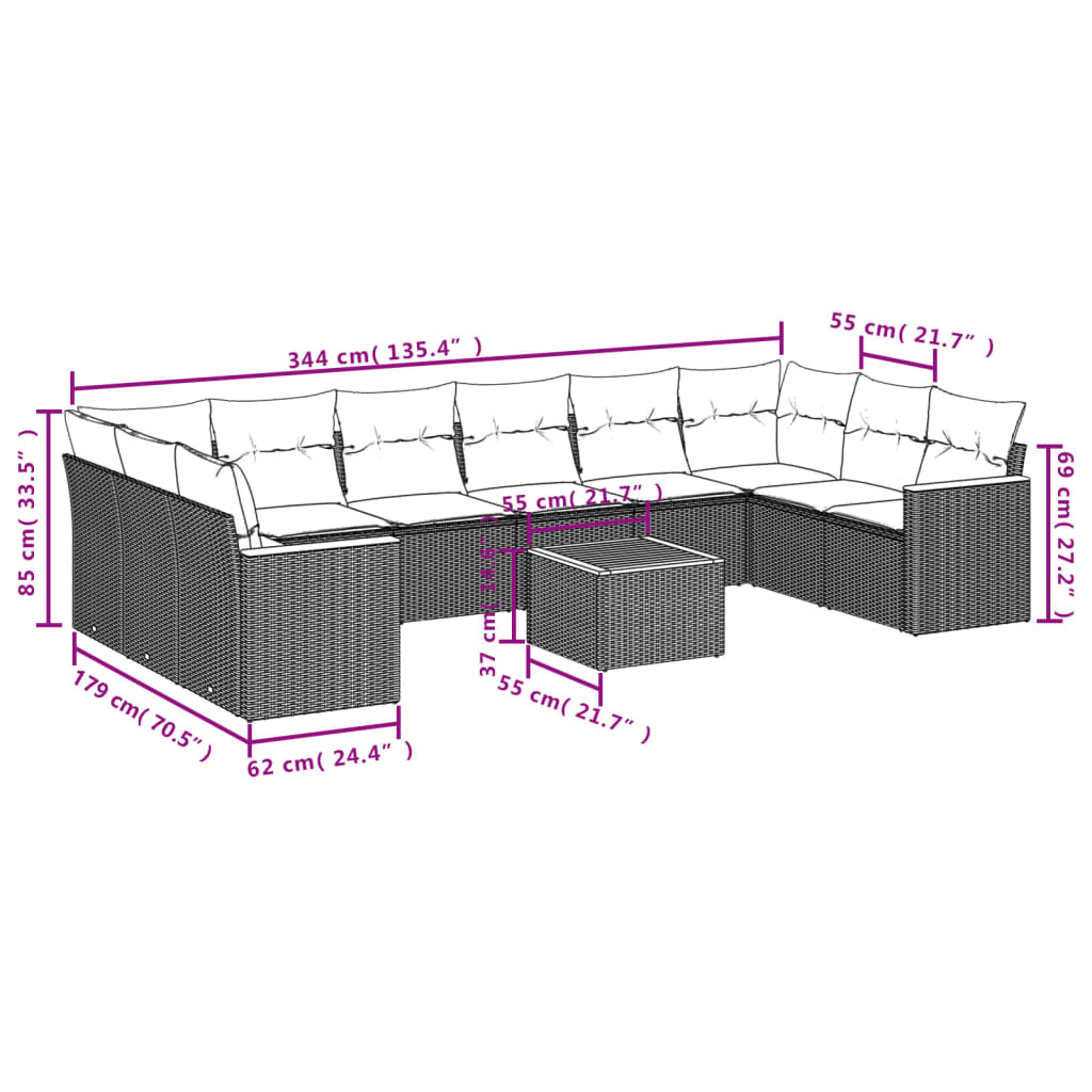 Set Divani da Giardino 11 pz con Cuscini in Polyrattan Nero | homemem39