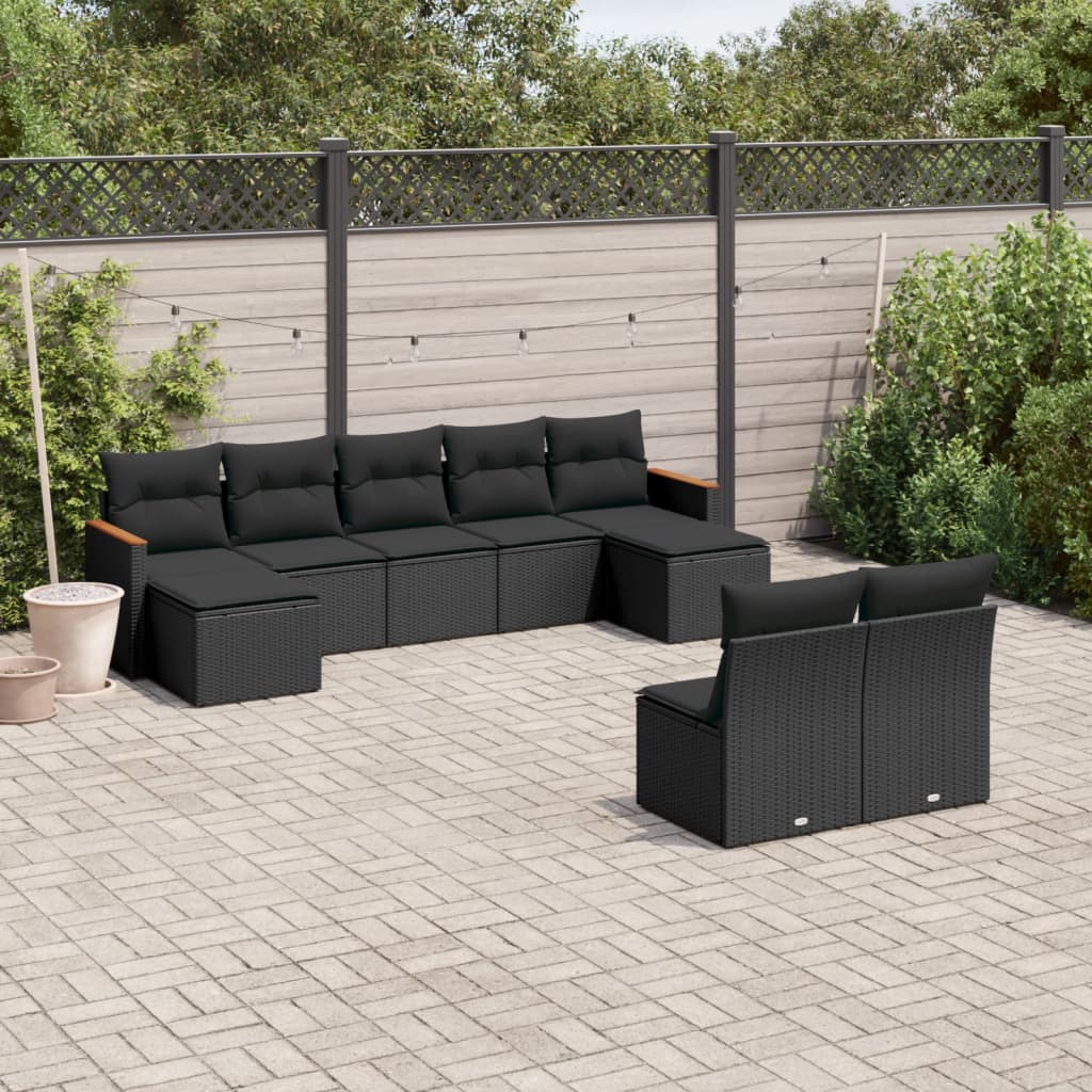 Set Divani da Giardino 9 pz con Cuscini Nero in Polyrattan - homemem39