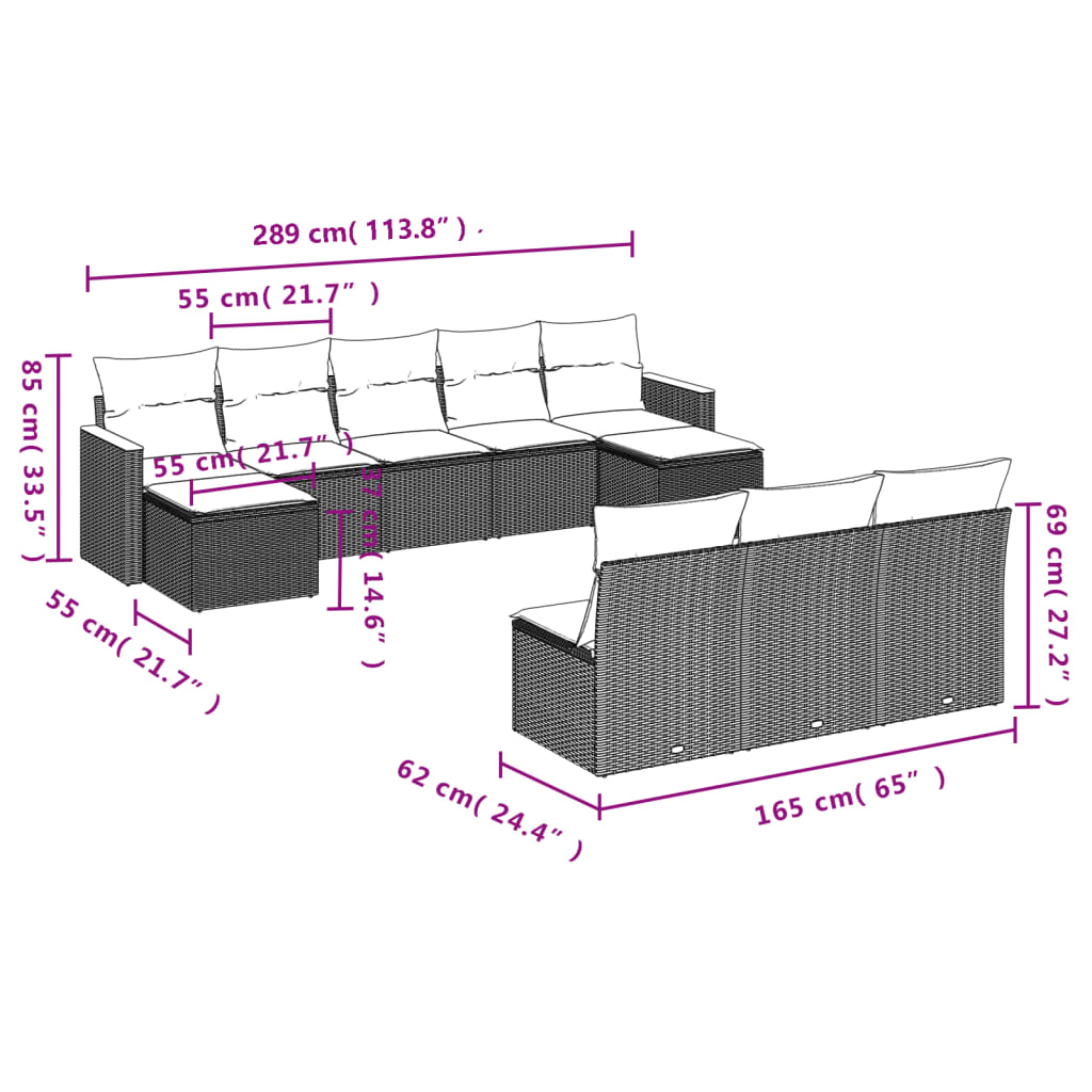 Set Divano da Giardino 10 pz con Cuscini Grigio in Polyrattan | homemem39