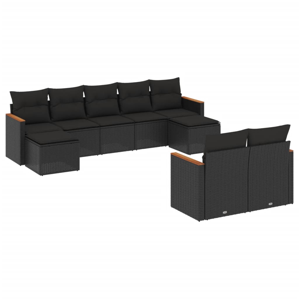 Set Divani da Giardino 9 pz con Cuscini Nero in Polyrattan - homemem39