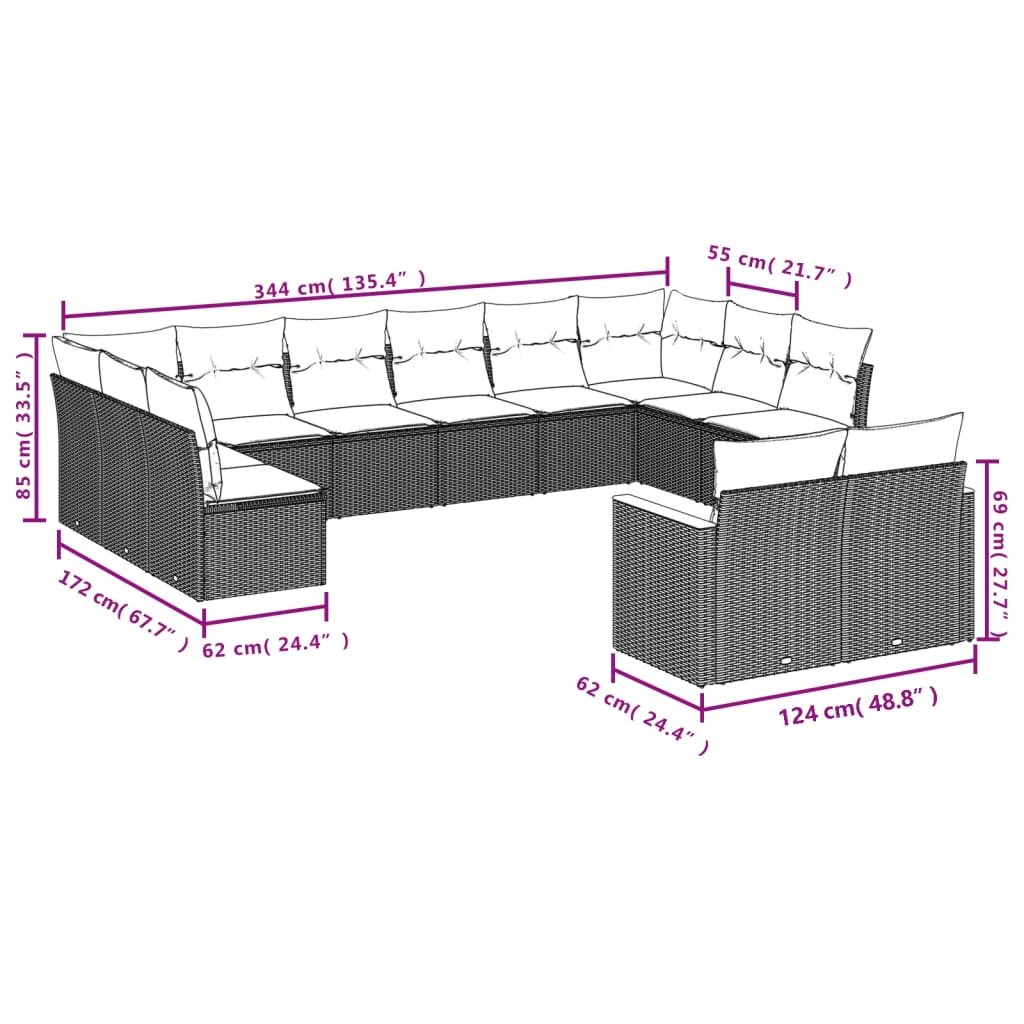Set Divani da Giardino 12 pz con Cuscini Beige in Polyrattan | homemem39