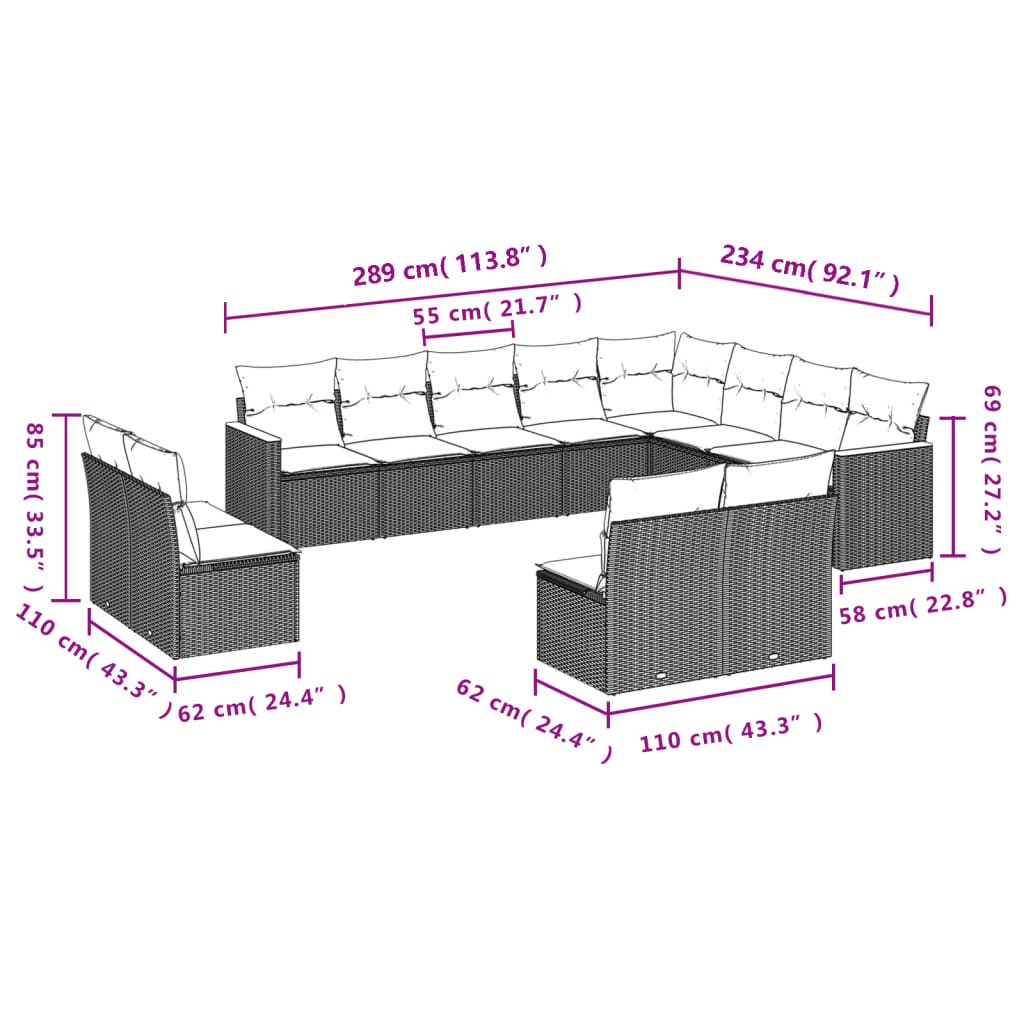 Set Divani da Giardino 12 pz con Cuscini Grigio in Polyrattan | homemem39
