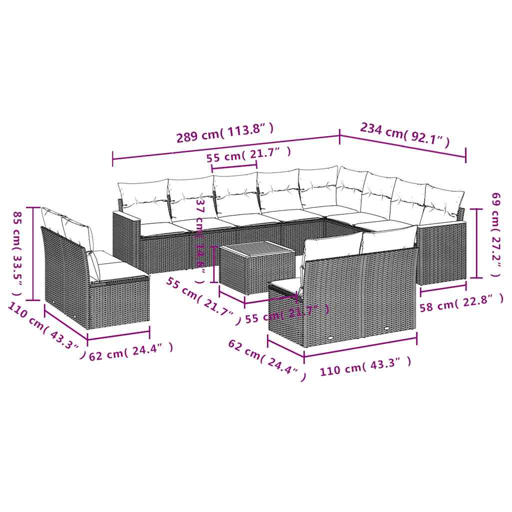 Set Divani da Giardino 13pz con Cuscini Nero in Polyrattan | homemem39
