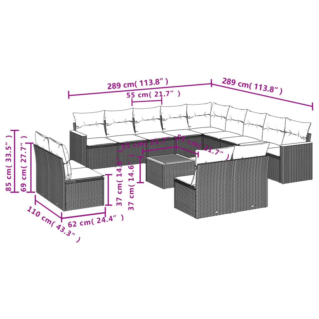 Set Divani da Giardino 14pz con Cuscini in Polyrattan Nero | homemem39
