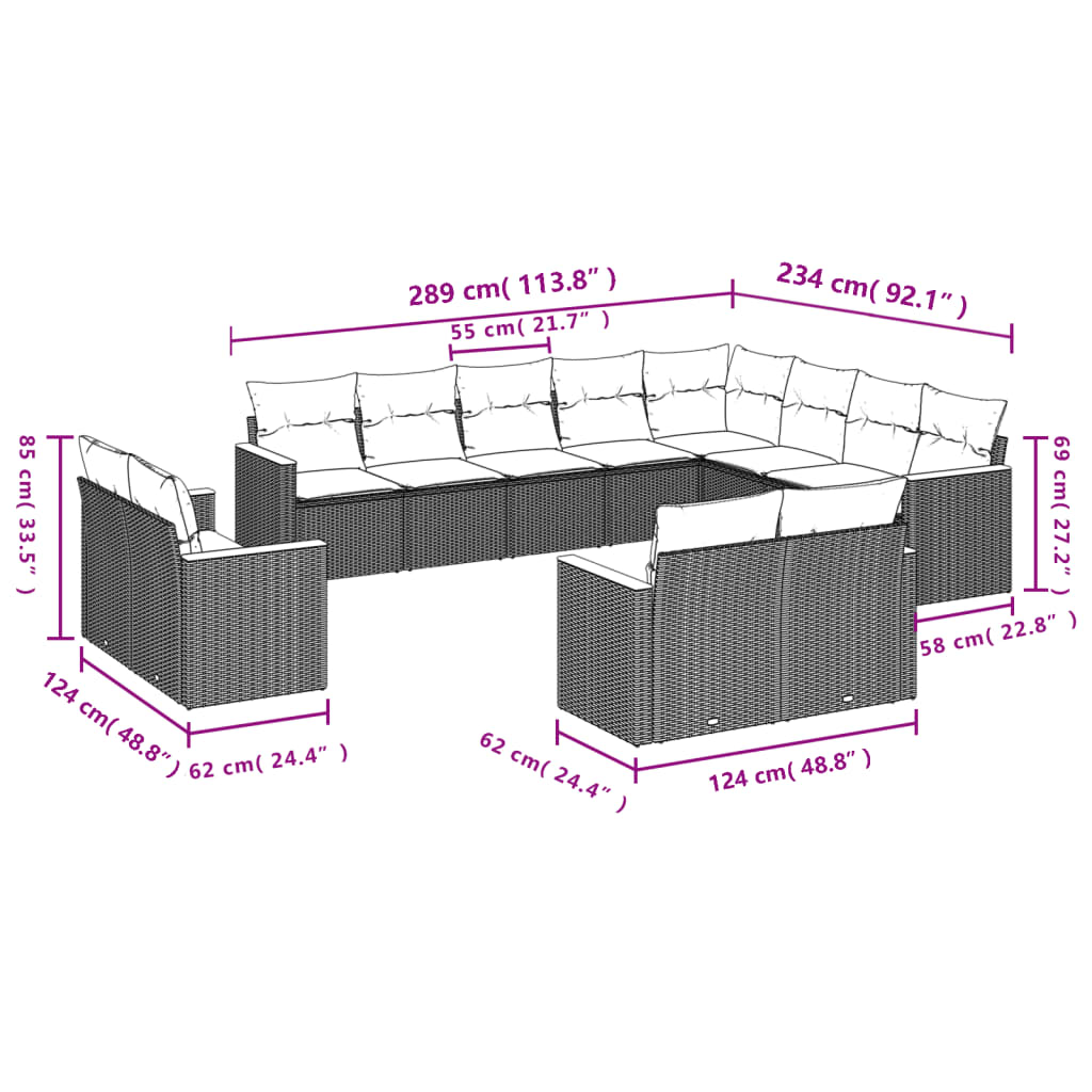 Set Divani da Giardino 12 pz con Cuscini Grigio in Polyrattan | homemem39