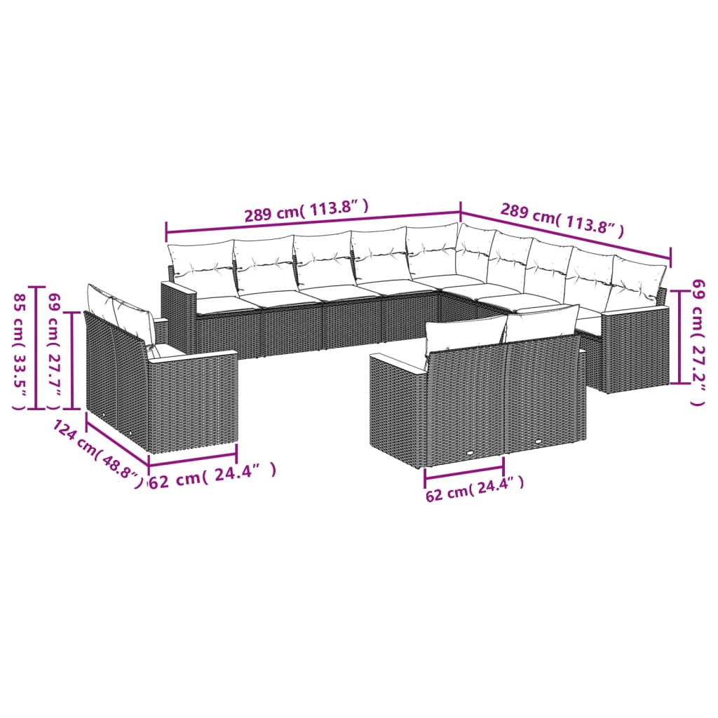 Set Divani da Giardino 13 pz con Cuscini Grigio in Polyrattan | homemem39