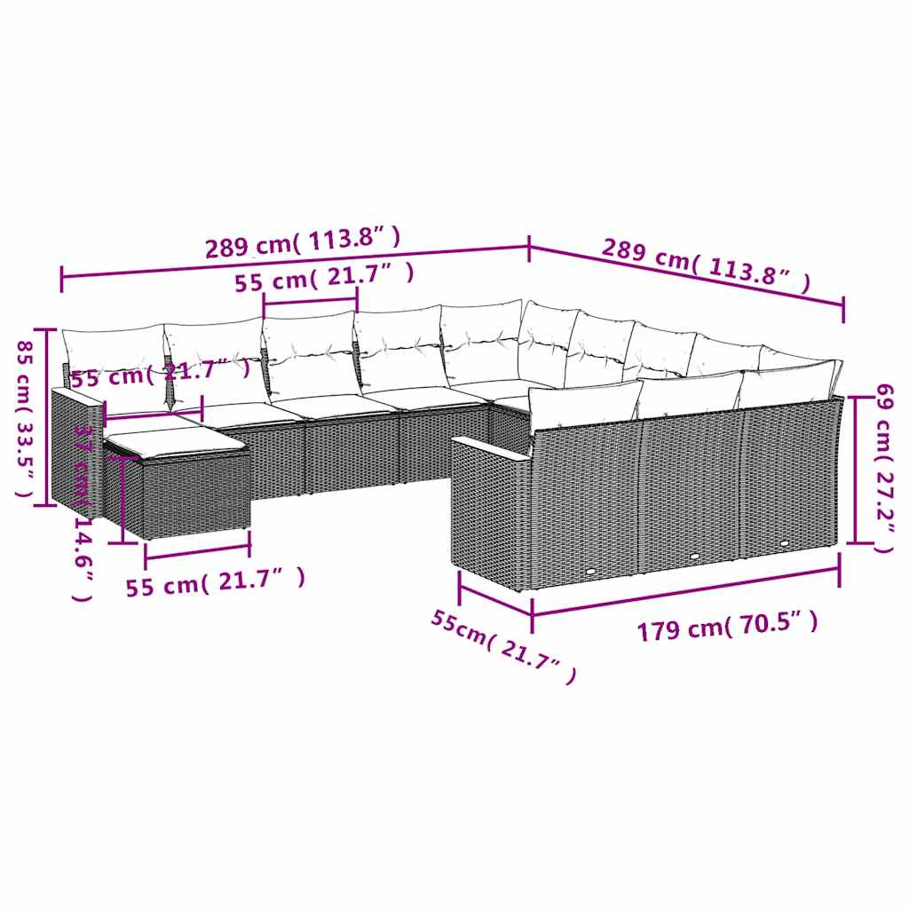 Set Divani da Giardino 12 pz con Cuscini Nero in Polyrattan