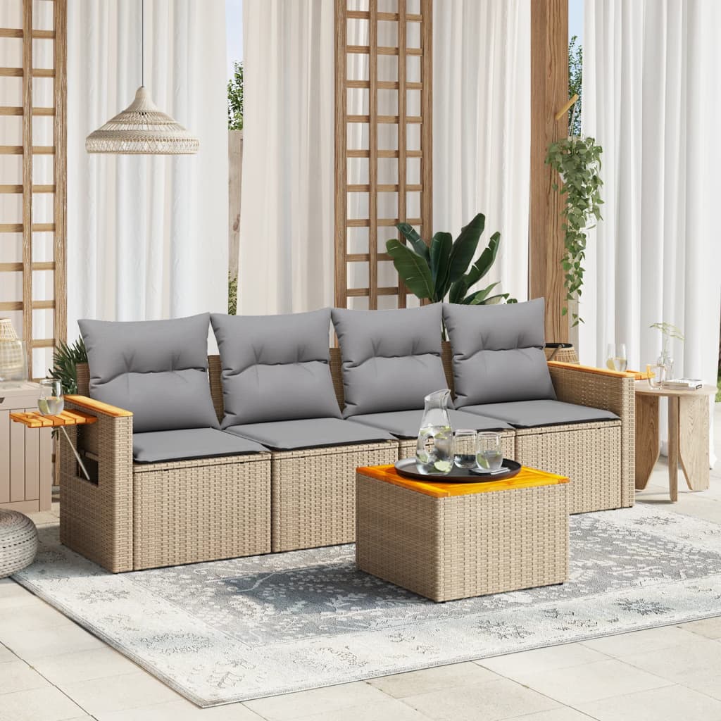 Set Divano da Giardino 5 pz con Cuscini Beige in Polyrattan - homemem39