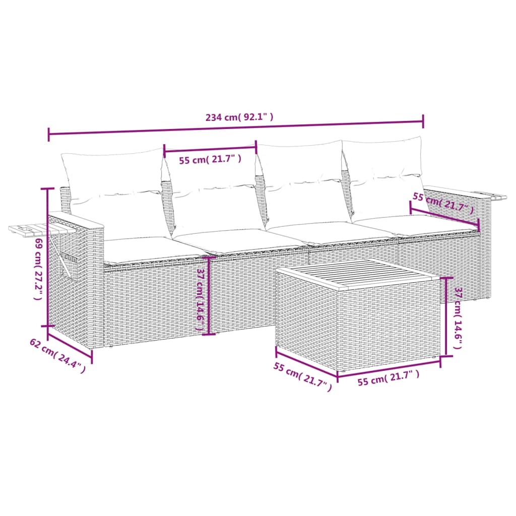 Set Divano da Giardino 5 pz con Cuscini Grigio in Polyrattan - homemem39