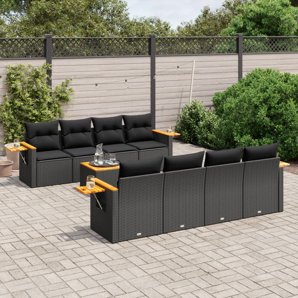 Set Divani da Giardino 9 pz con Cuscini Nero in Polyrattan - homemem39