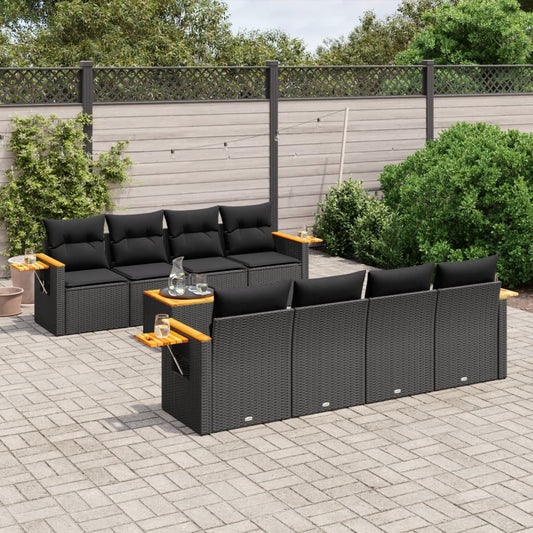 Set Divani da Giardino 9 pz con Cuscini Nero in Polyrattan - homemem39