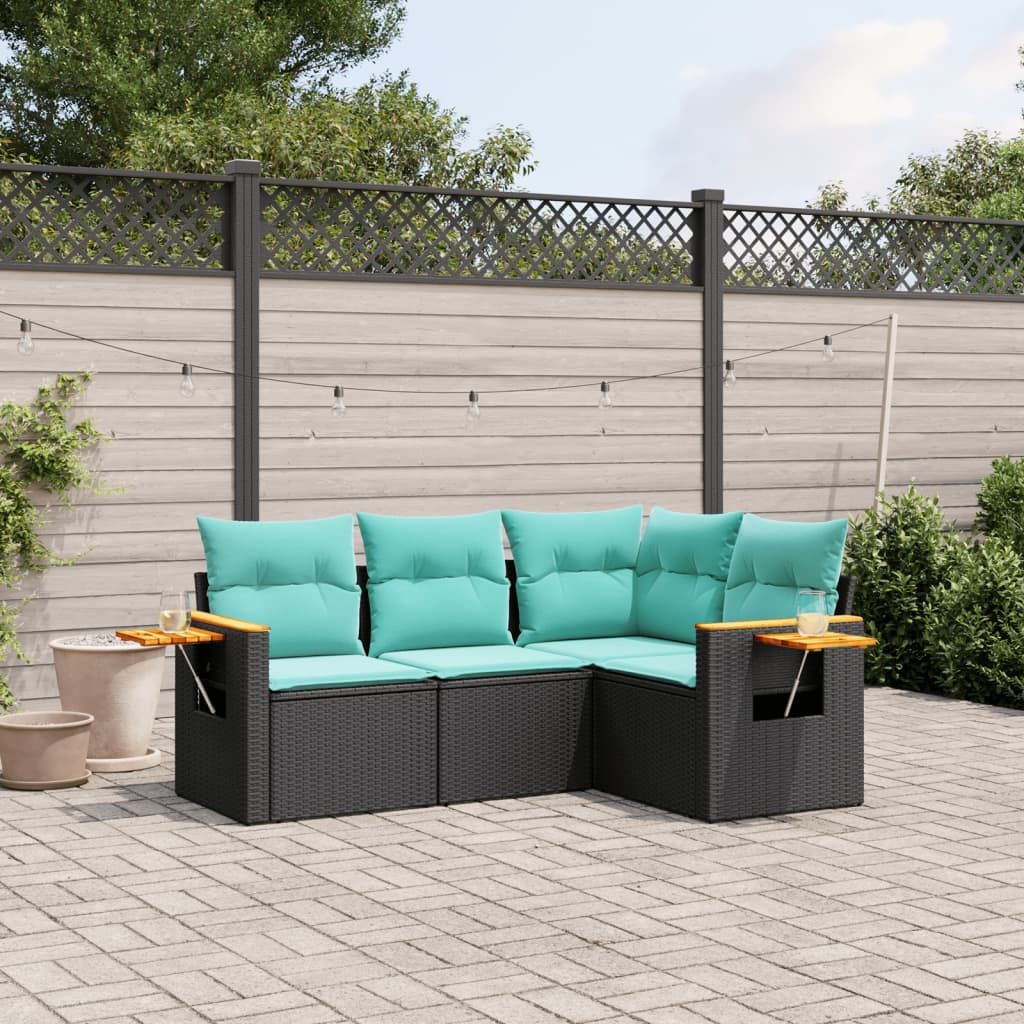 Set Divani da Giardino 4 pz con Cuscini Nero in Polyrattan | homemem39