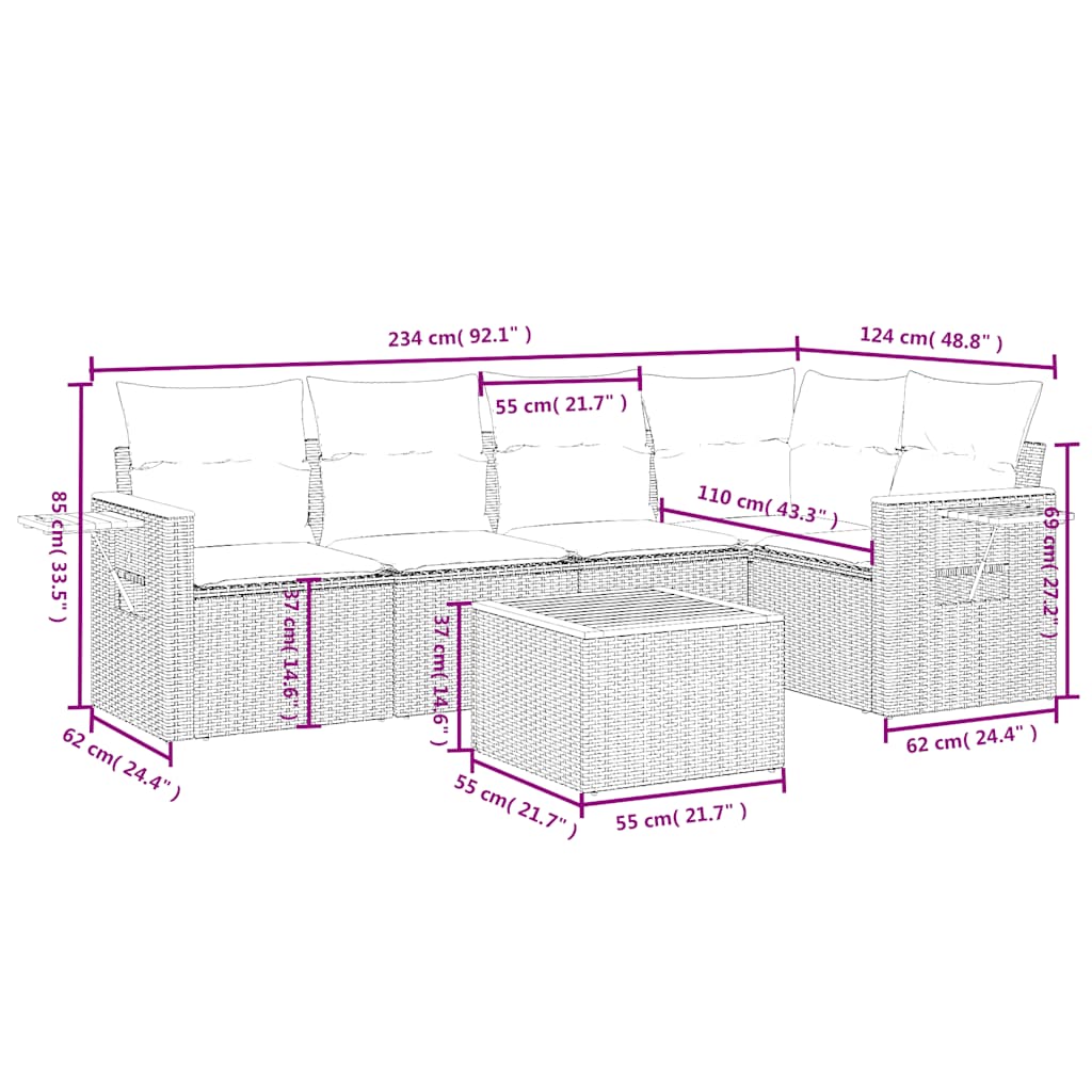 Set Divano da Giardino 6 pz con Cuscini Nero in Polyrattan | homemem39