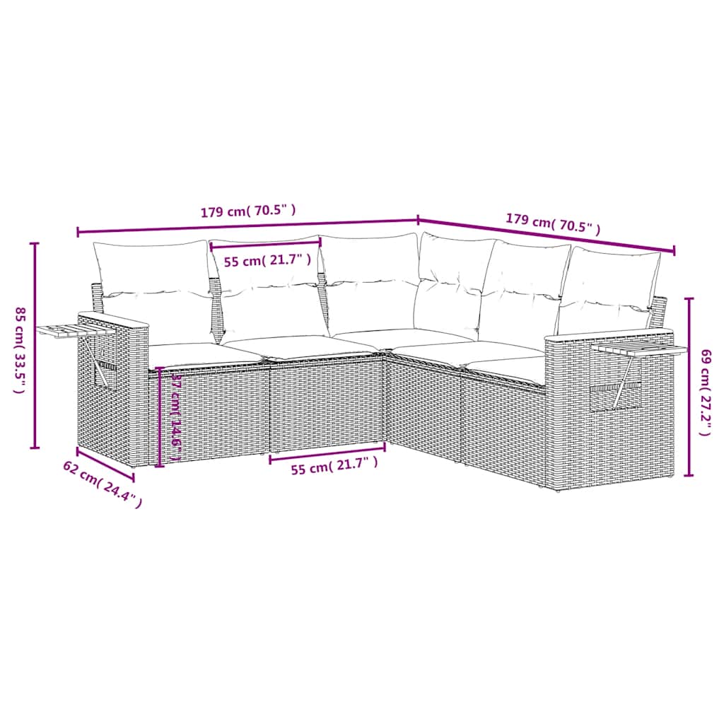 Set Divani da Giardino 5 pz con Cuscini Grigio in Polyrattan | homemem39