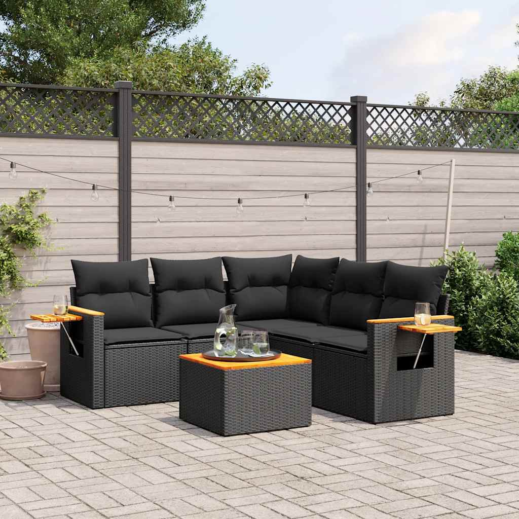 Set Divano da Giardino 6 pz con Cuscini Nero in Polyrattan | homemem39